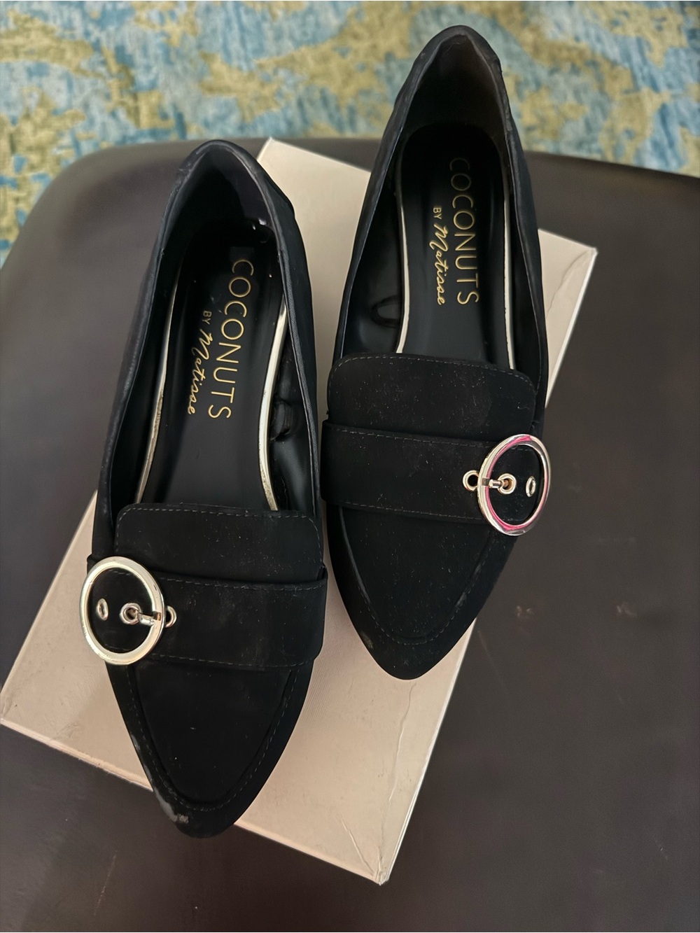 Coconuts by Matisse Black Pointed Loafers with Gold Ring Accent